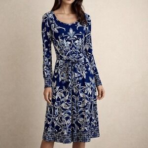 Vtg Y2K Cache Womens Filigree Print Dress Sz‎ 6 Blue White Belted Russian Girl
